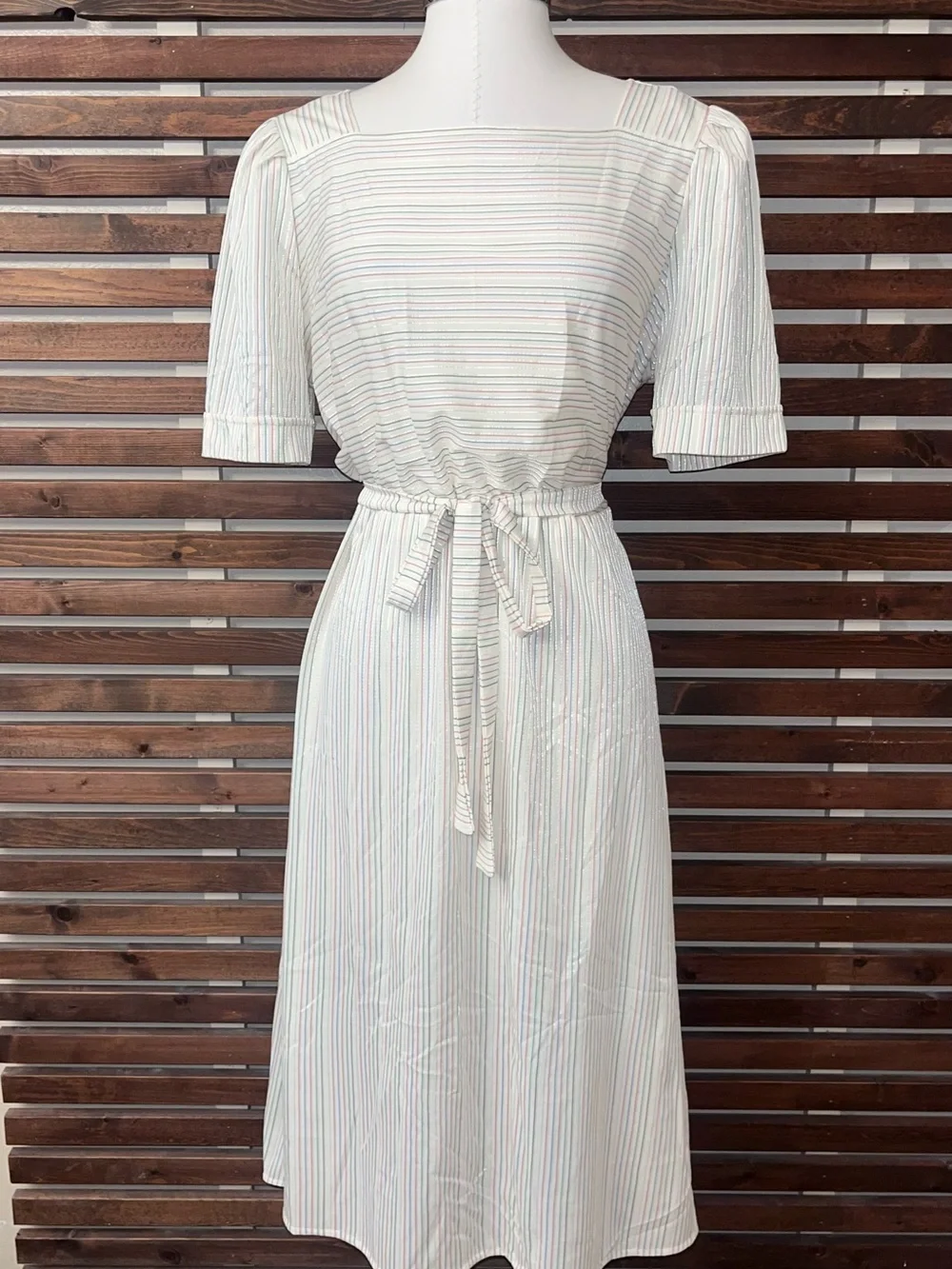 1970s Vintage White Pink Green Purple Striped Silver Metallic Tie Waist Dress